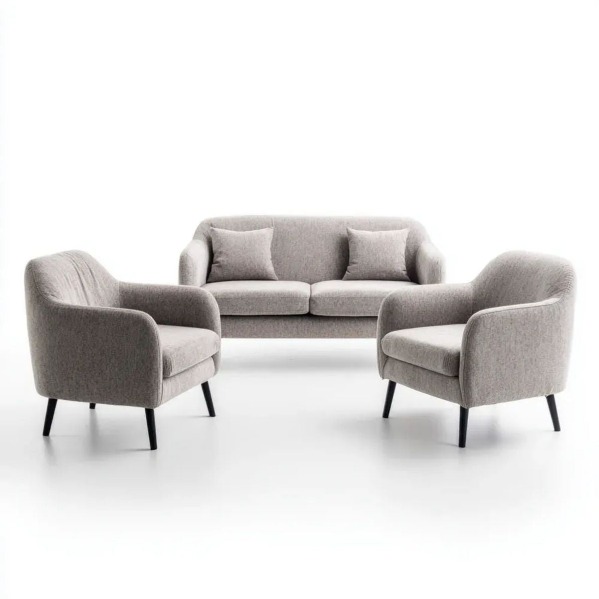 Jasnoszary zestaw wypoczynkowy z tapicerką poliestrową – sofa 2-osobowa 180 × 80 × 82 cm i 2 fotele 75 × 78 × 82 cm