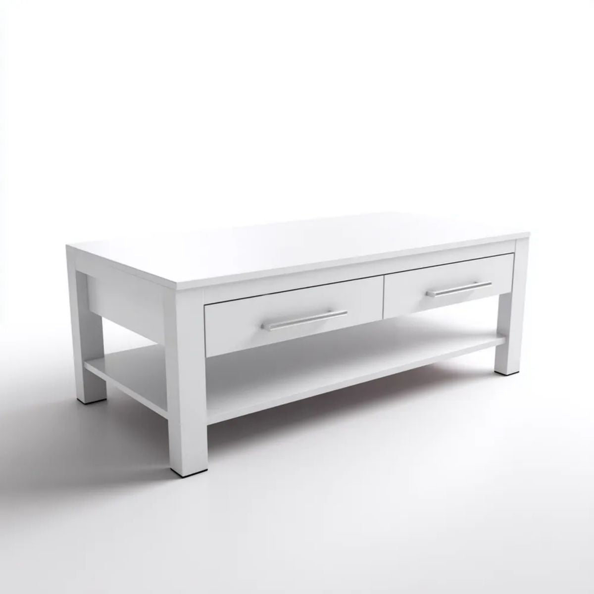 Biały stolik kawowy z płyty MDF 100 x 50 x 45 cm, 2 szuflady i półka