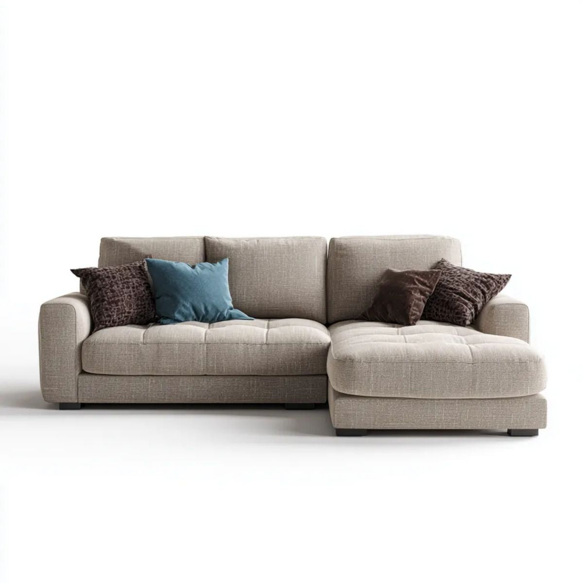 Jasnoszara sofa narożna z prawostronnym szezlongiem, tapicerowana poliestrem, 260 x 170 x 86 cm