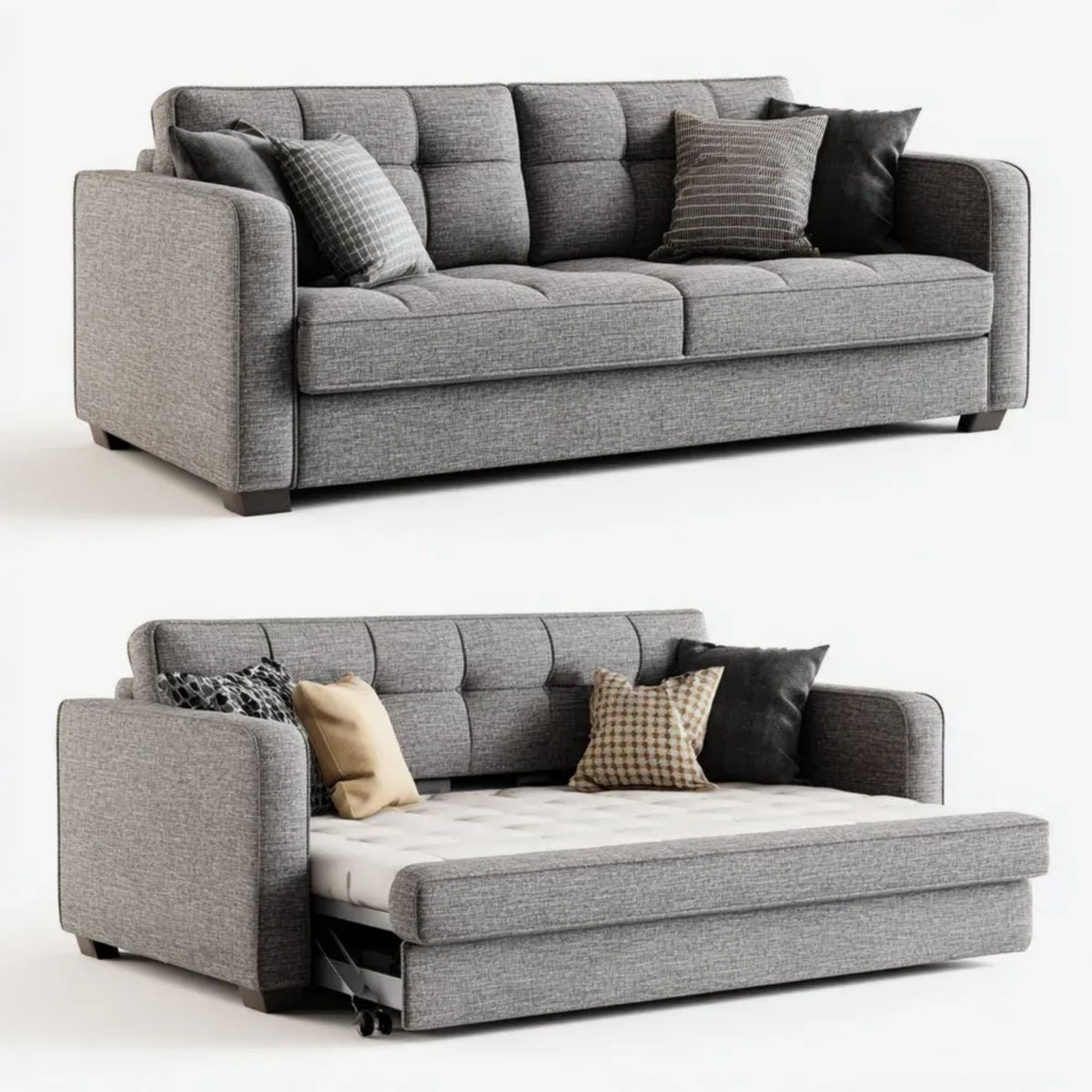 Trzyosobowa sofa rozkładana szara z tapicerką poliestrową, 225 x 95 x 88 cm, powierzchnia spania 140 x 190 cm