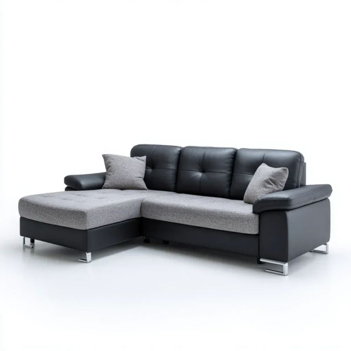 Narożnik w kształcie L czarno-szary ze skóry syntetycznej i tkaniny, 260 x 160 x 85 cm