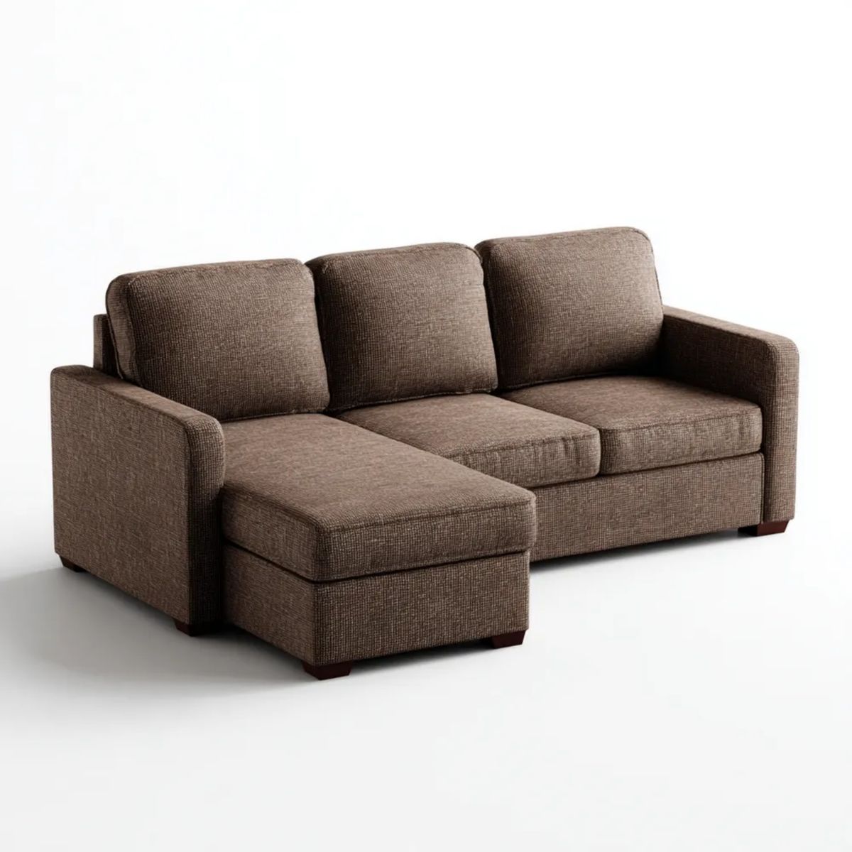 Brązowa sofa narożna z lewostronnym szezlongiem, tapicerowana tkaniną, 230 × 150 × 85 cm