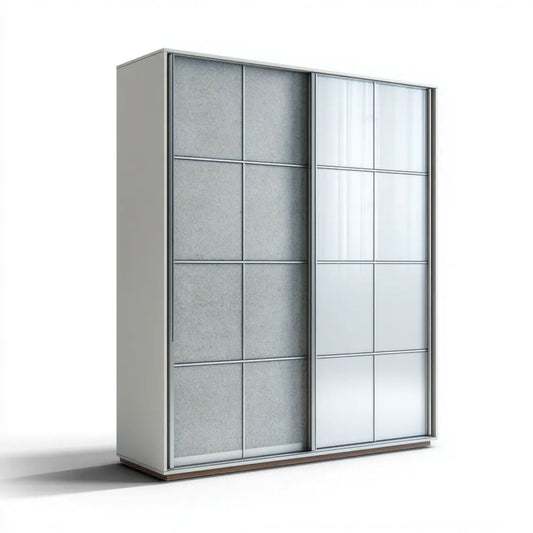 Szafa przesuwna do sypialni z płyty wiórowej laminowanej, szaro-biała z lustrem, 180 × 60 × 220 cm