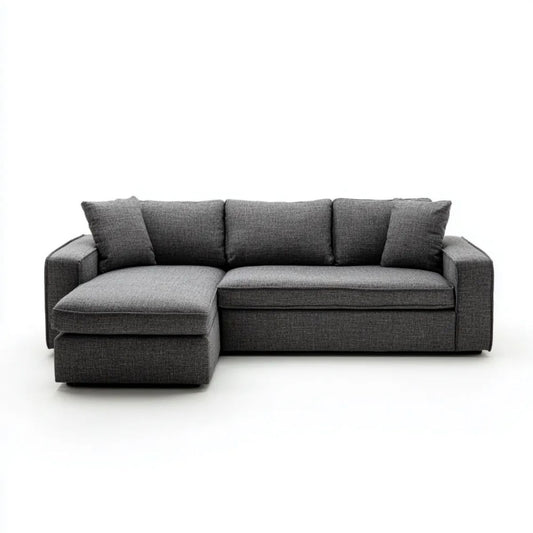 Ciemnoszara sofa narożna z lewym szezlongiem, tapicerowana, 230 × 150 × 85 cm