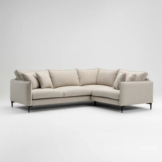 Beżowa sofa narożna w kształcie L z tapicerką poliestrową, 250 × 180 × 82 cm