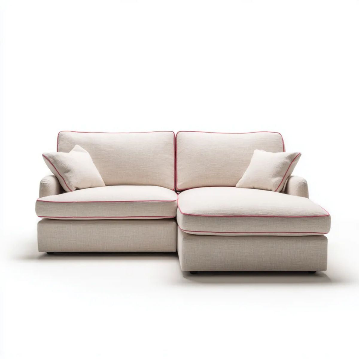 Kremowa sofa narożna w kształcie L z prawostronnym szezlongiem, tkanina z czerwonym lamowaniem, 230 × 150 × 85 cm