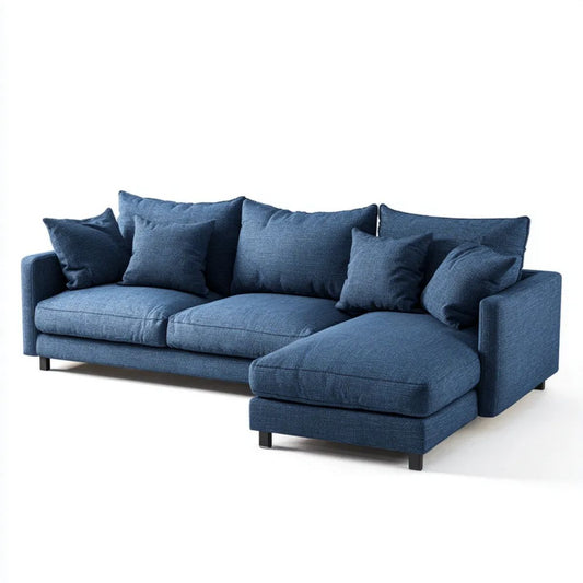 Granatowa prawostronna sofa narożna z szezlongiem, tkanina poliestrowa, 280 x 165 x 90 cm