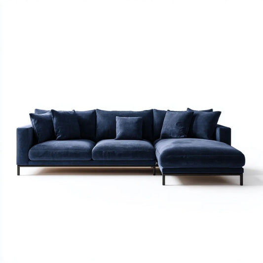 Granatowa sofa narożna z prawostronnym szezlongiem z aksamitu 280 x 160 x 85 cm