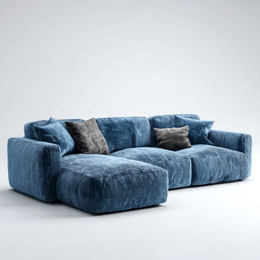 Granatowa sofa narożna ze sztruksu z lewostronnym szezlongiem 290 × 170 × 78 cm