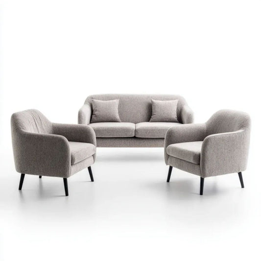 Jasnoszary zestaw wypoczynkowy z tapicerką poliestrową – sofa 2-osobowa 180 × 80 × 82 cm i 2 fotele 75 × 78 × 82 cm