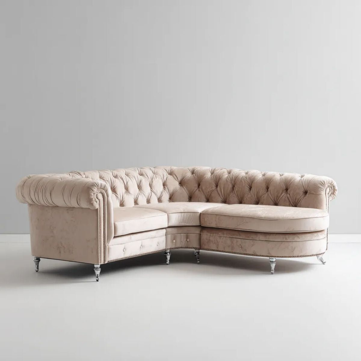 3-osobowa sofa narożna Chesterfield z tkaniny, beżowa, 250 × 100 × 75 cm