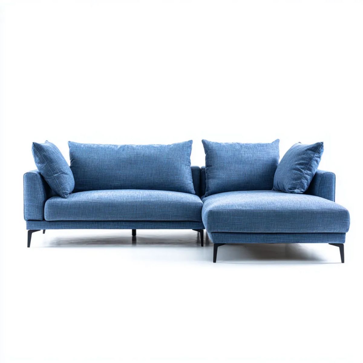 Niebieska sofa narożna z prawostronnym szezlongiem, tapicerka poliestrowa, 260 x 160 x 85 cm
