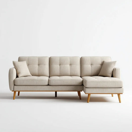 Beżowa sofa narożna w kształcie L z prawostronnym szezlongiem, 250 × 160 × 85 cm