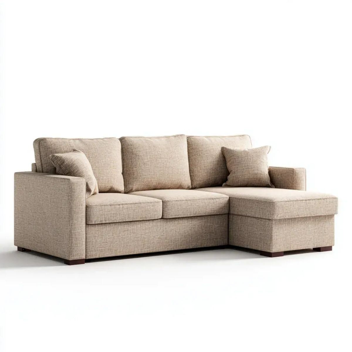 Beżowa sofa narożna z tkaniny w kształcie L, prawostronna, 230 x 150 x 85 cm