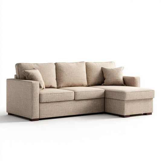 Beżowa sofa narożna z tkaniny w kształcie L, prawostronna, 230 x 150 x 85 cm