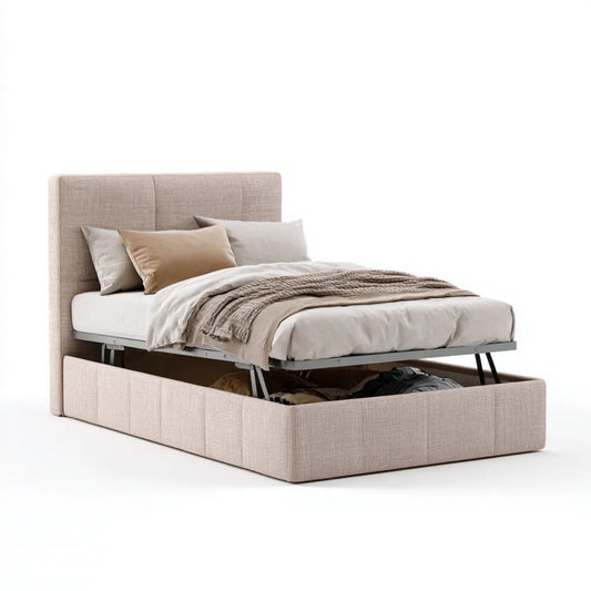 Beżowe łóżko tapicerowane z pojemnikiem i stalową ramą 160 x 200 cm