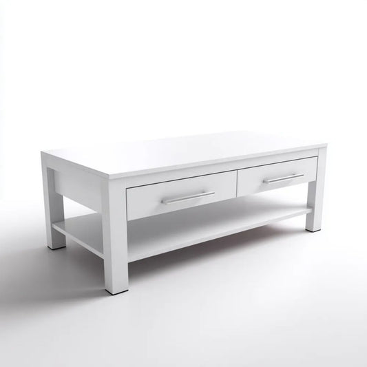Biały stolik kawowy z płyty MDF 100 x 50 x 45 cm, 2 szuflady i półka