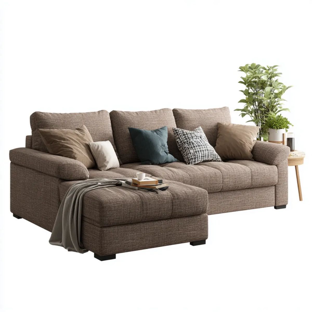 Brązowa sofa narożna z lewostronnym szezlongiem z tkaniny poliestrowej, 265 × 160 × 88 cm