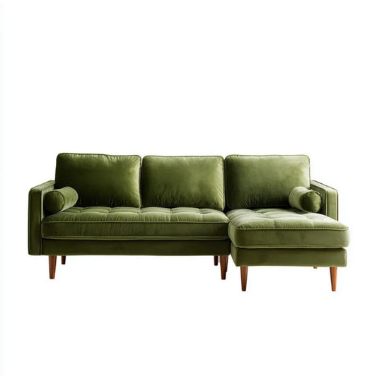 3-osobowa sofa narożna z prawym szezlongiem, oliwkowozielona, welurowa, 225 × 150 × 85 cm