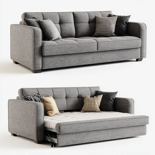 Trzyosobowa sofa rozkładana szara z tapicerką poliestrową, 225 x 95 x 88 cm, powierzchnia spania 140 x 190 cm
