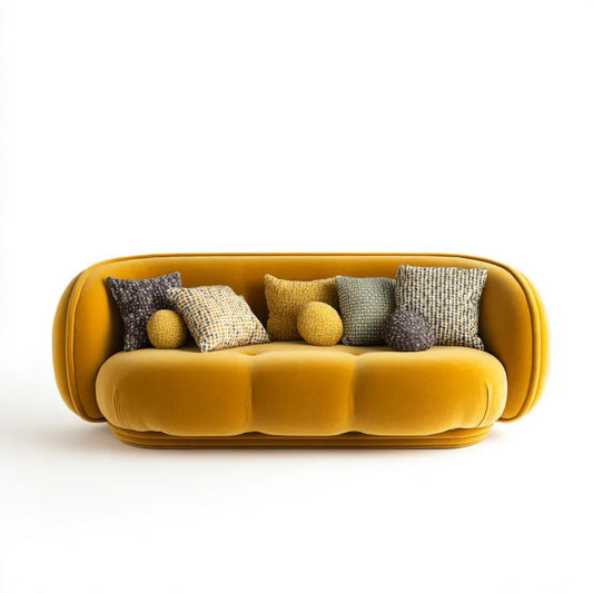 Musztardowa sofa trzyosobowa z tapicerką poliestrową, zaokrąglona, 230 x 100 x 78 cm