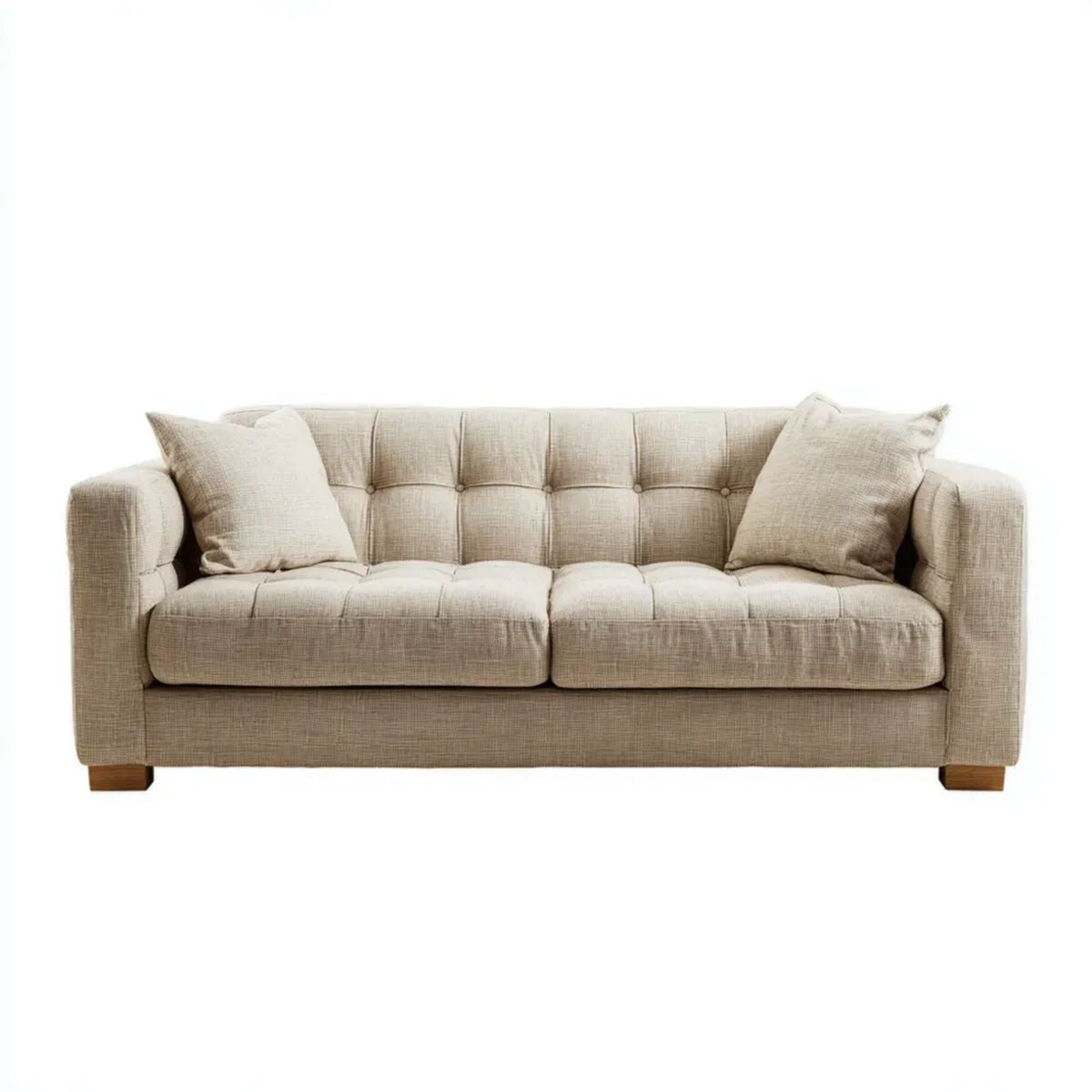 Trzyosobowa sofa beżowa z tapicerką poliestrową, 208 x 91 x 88 cm, z 2 poduszkami