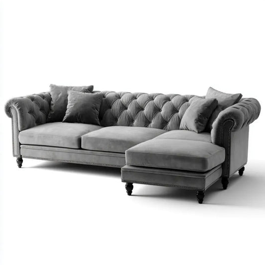 Szara sofa narożna Chesterfield z prawostronnym szezlongiem, aksamitna, 290 × 165 × 78 cm